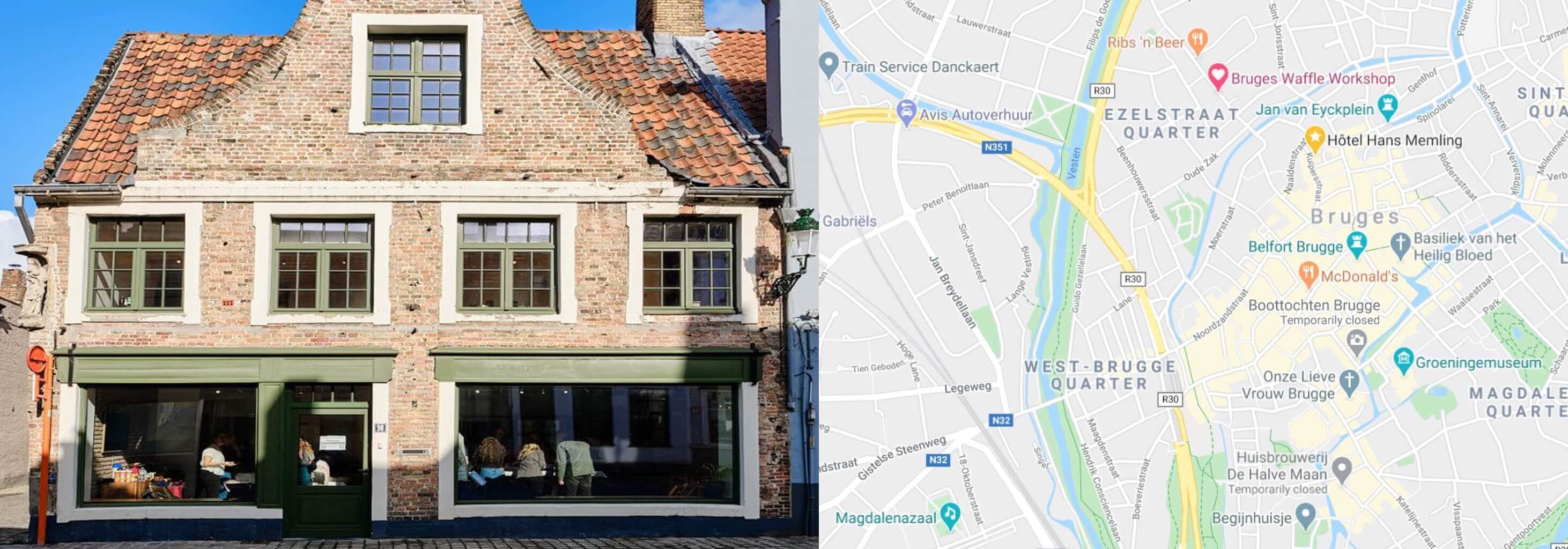 map and picture of the waffle workshop in Bruges, Belgium